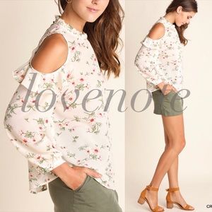 F21 white cold shoulder Ruffle button blouse size L main image 0